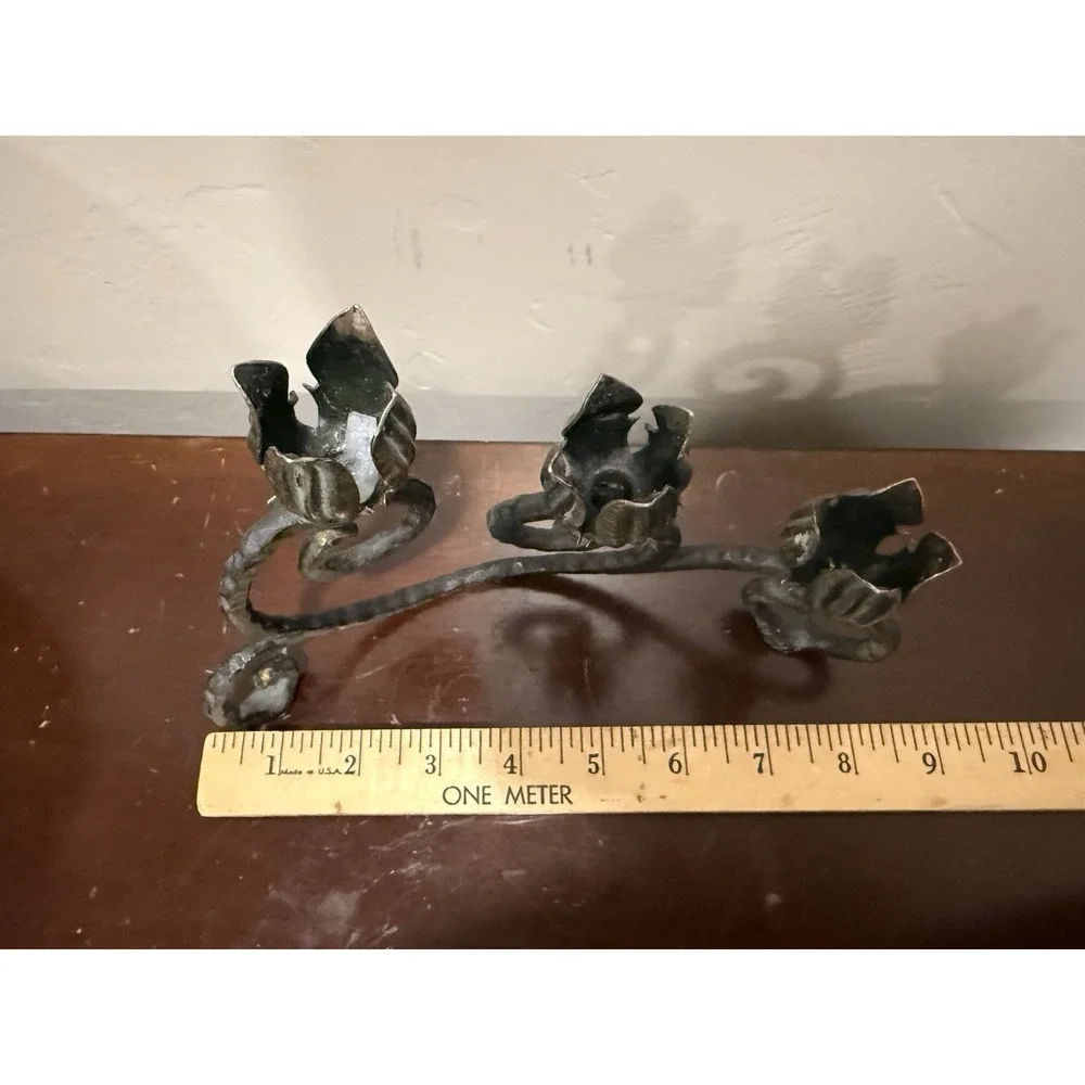 Metal Cast Iron Rose Candleholder  With 3 Flower‎ Buds Vintage